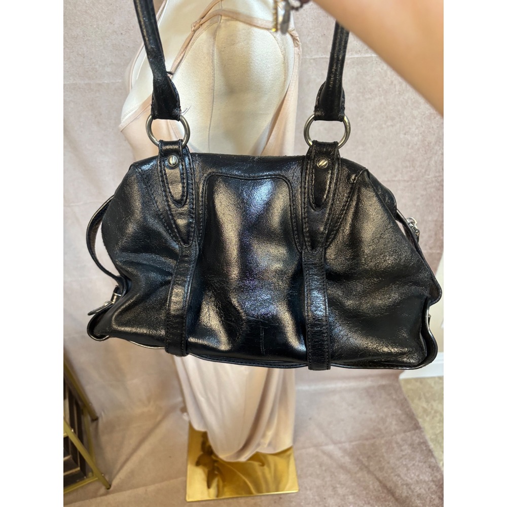 Michael Kors Black Leather Satchel Bag Silver Tone Hardware MK‎ Logo Handbag - Picture 3 of 8